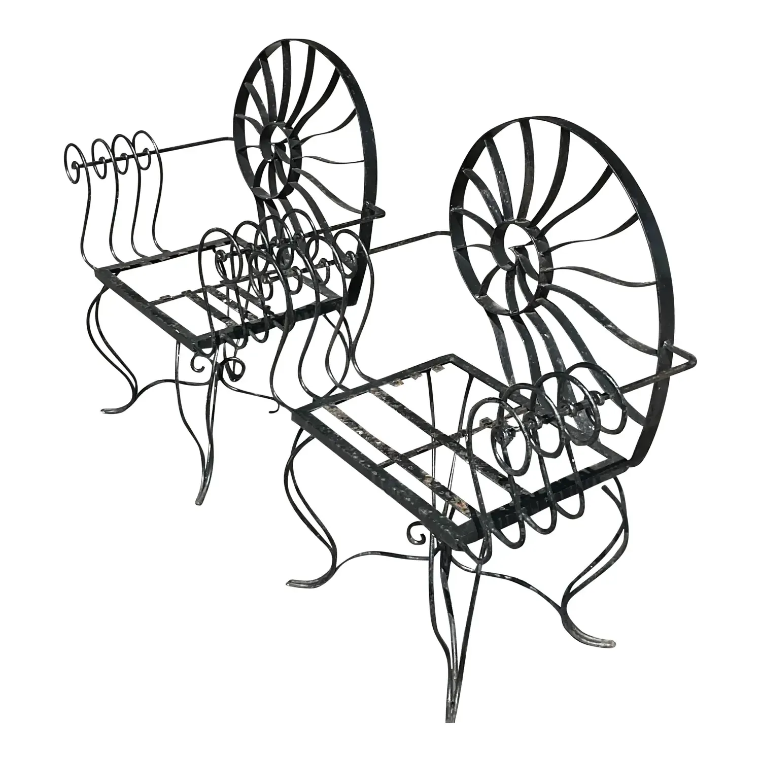 Vintage Coastal Nautilus Shell Wrought Iron Lounge Chairs - a Pair