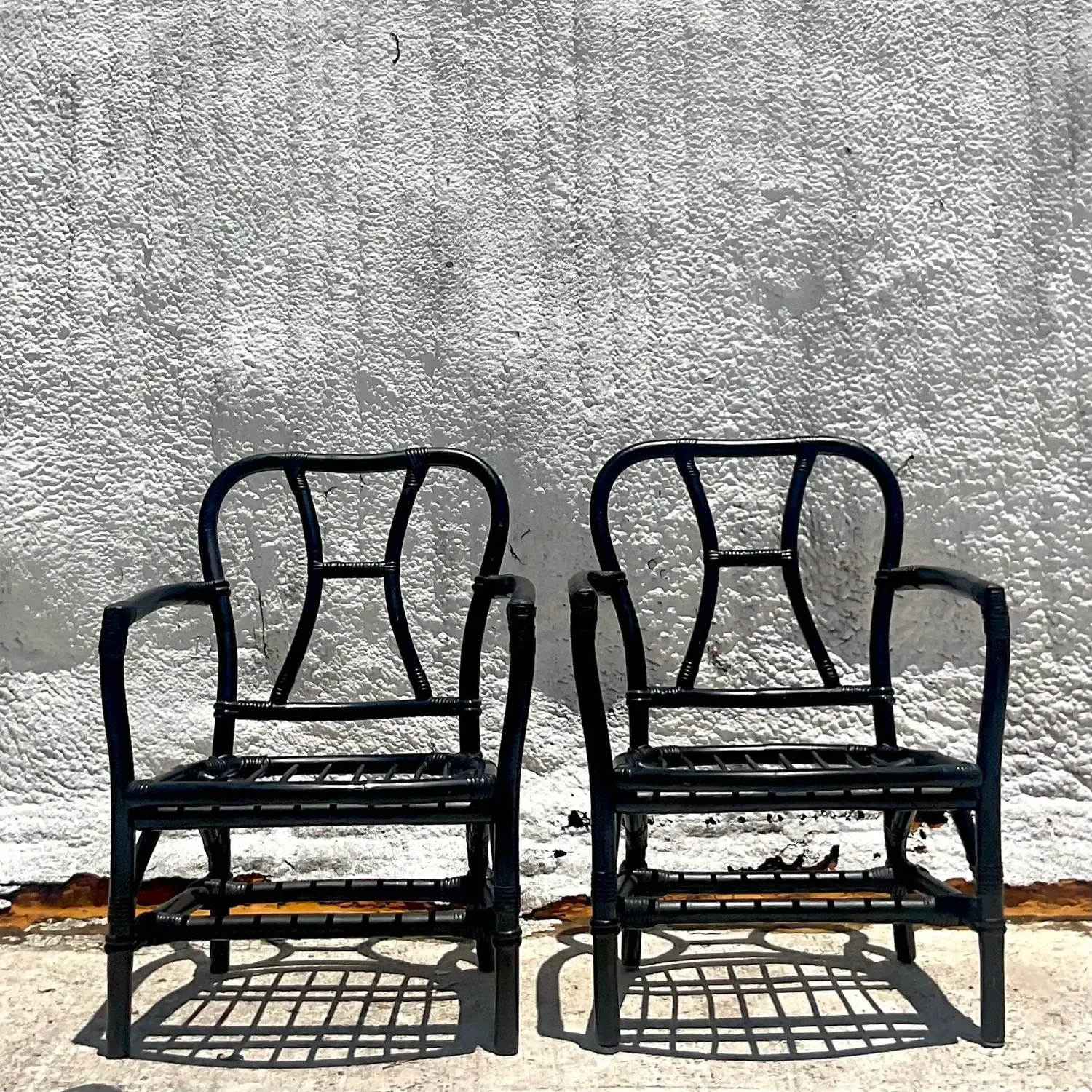 Vintage Coastal Painted Bent Rattan Lounge Chairs - a Pair