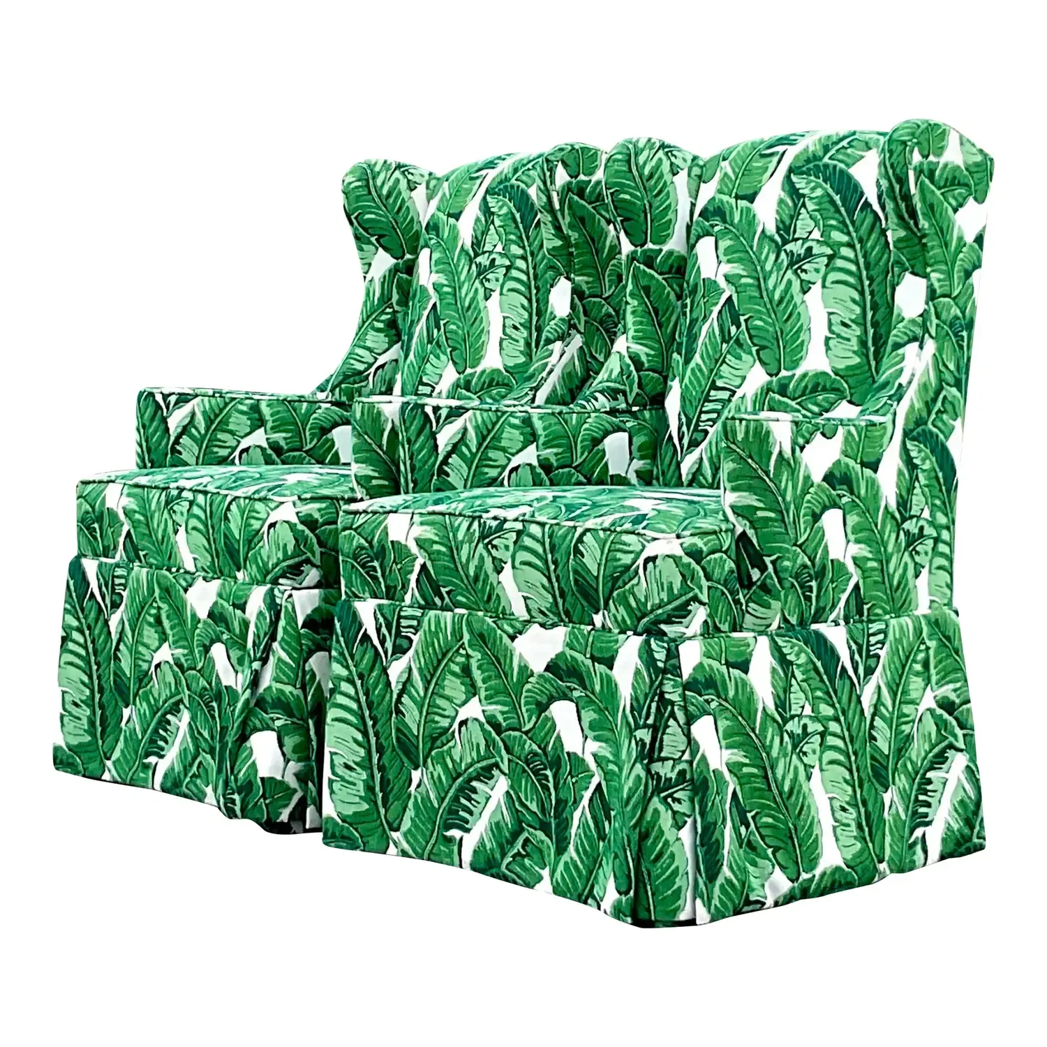 Vintage Coastal Palm Frond Skirted Wingback Chairs - a Pair — additional photo 1