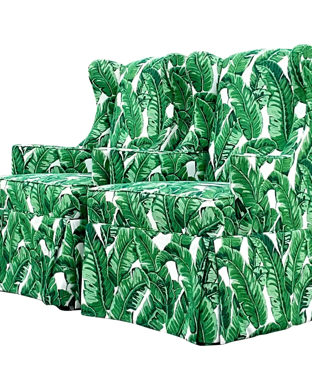 Vintage Coastal Palm Frond Skirted Wingback Chairs - a Pair