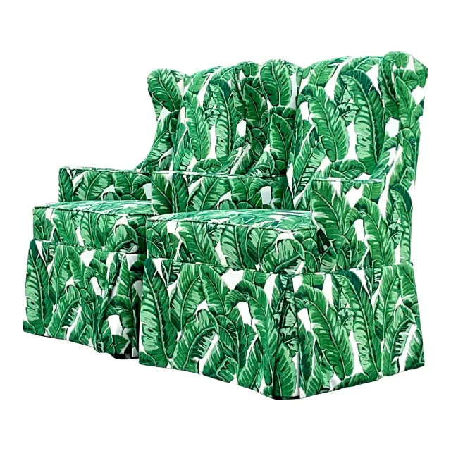 Vintage Coastal Palm Frond Skirted Wingback Chairs - a Pair — additional photo 1