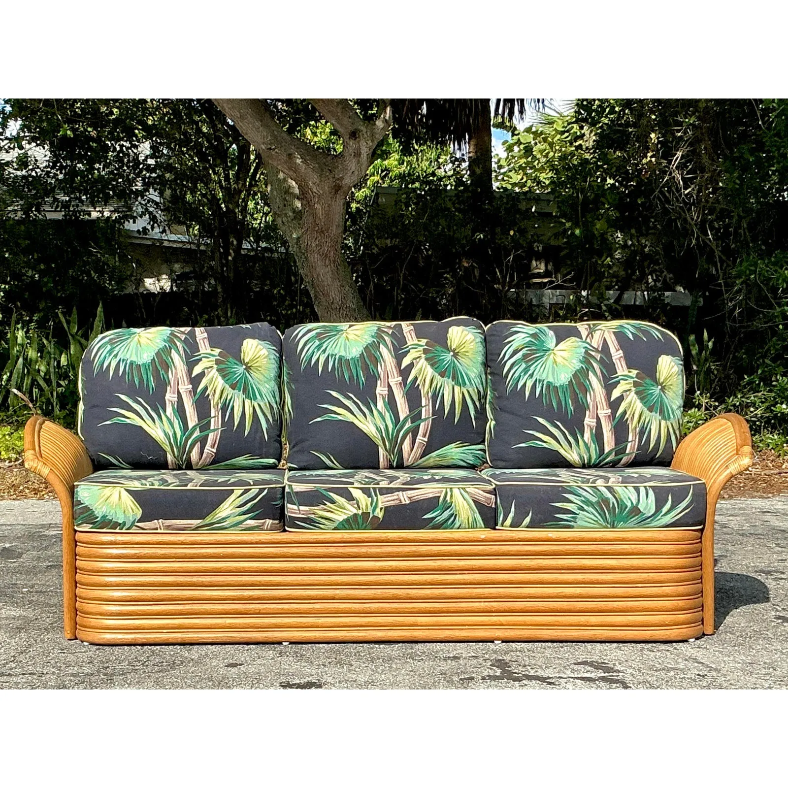 Vintage Coastal Palm Print Rattan Sofa — additional photo 1