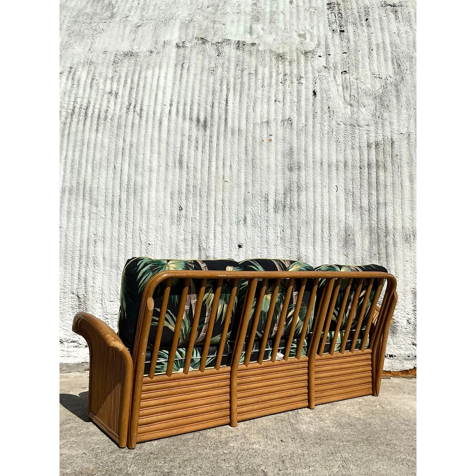 Vintage Coastal Palm Print Rattan Sofa — additional photo 2