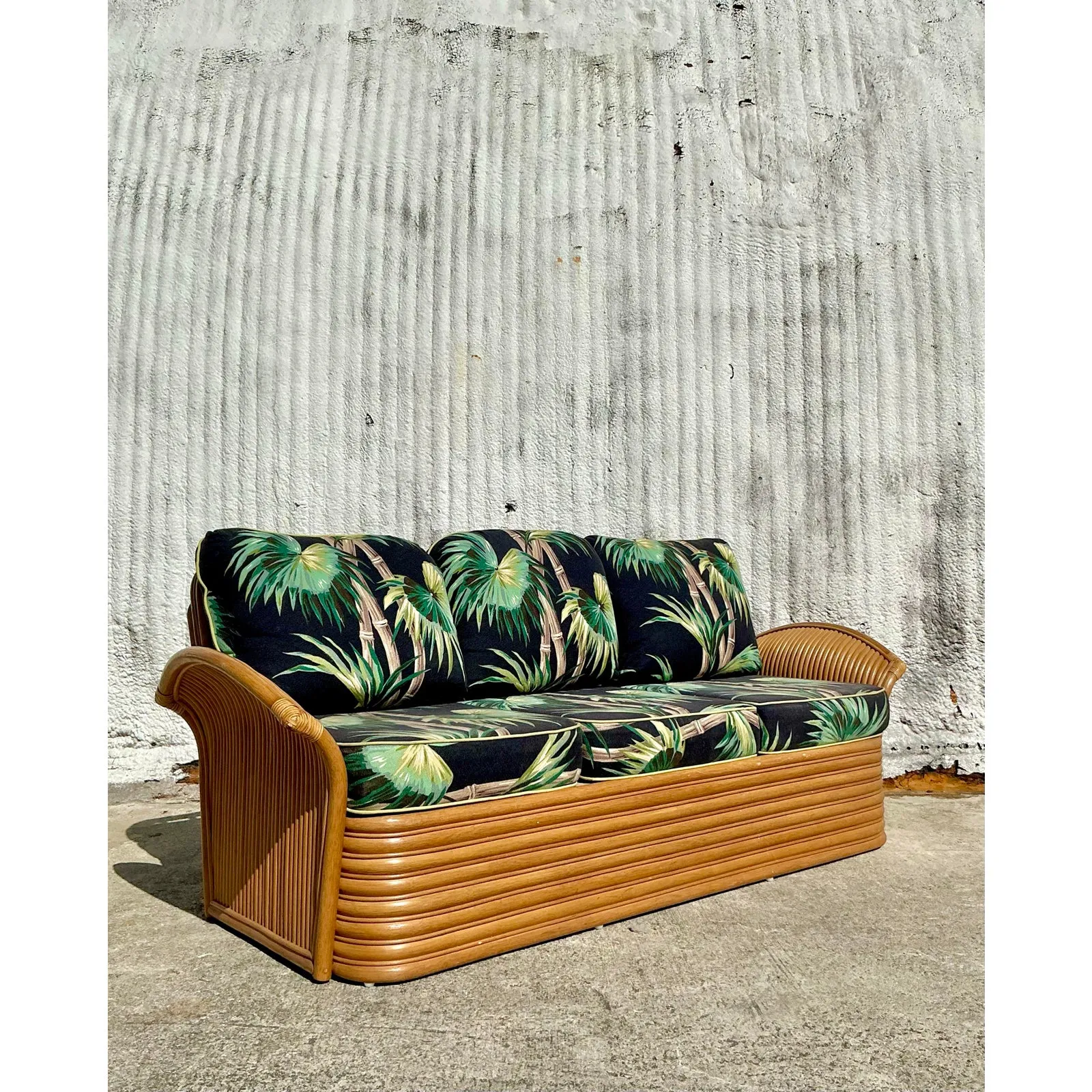 Vintage Coastal Palm Print Rattan Sofa — additional photo 3