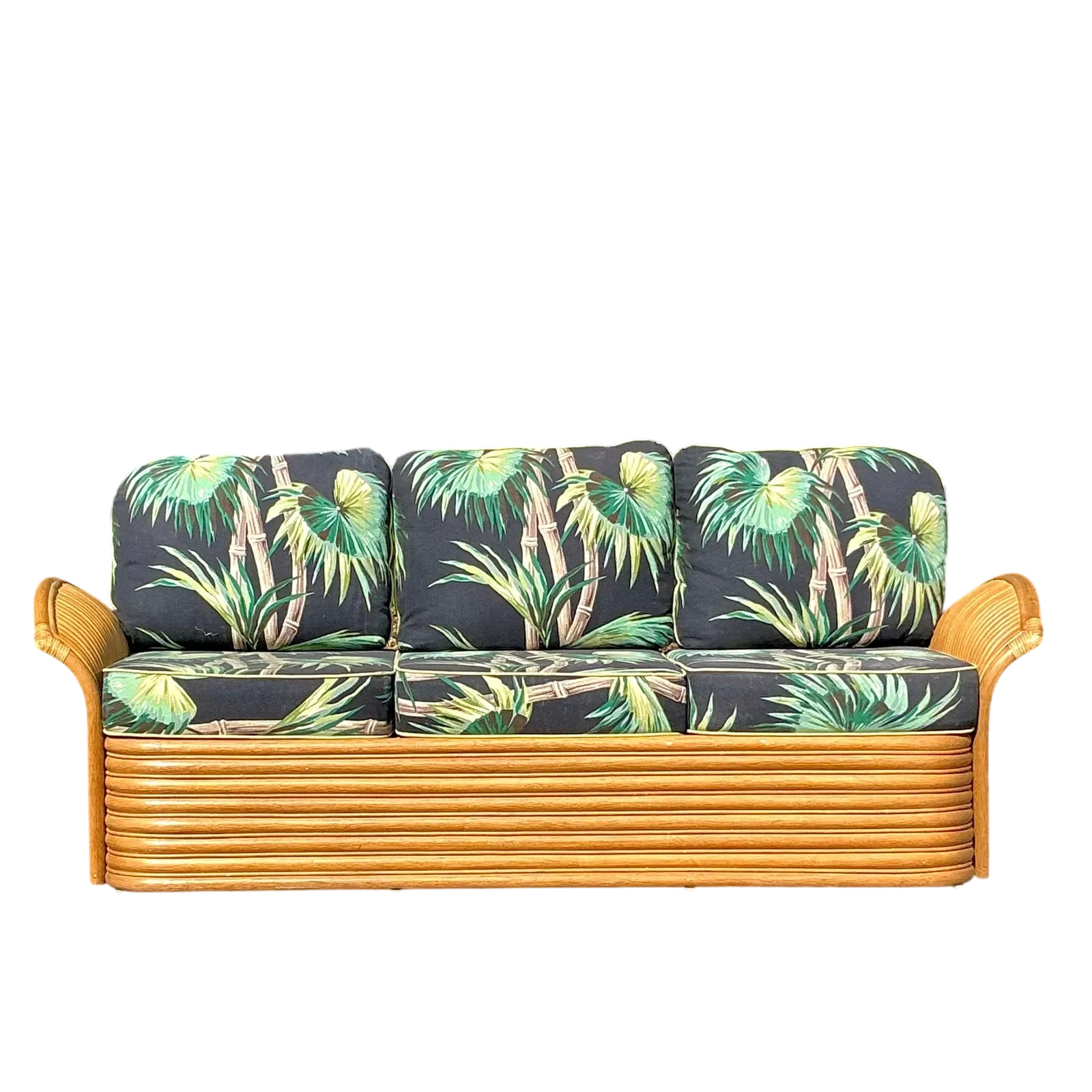 Vintage Coastal Palm Print Rattan Sofa