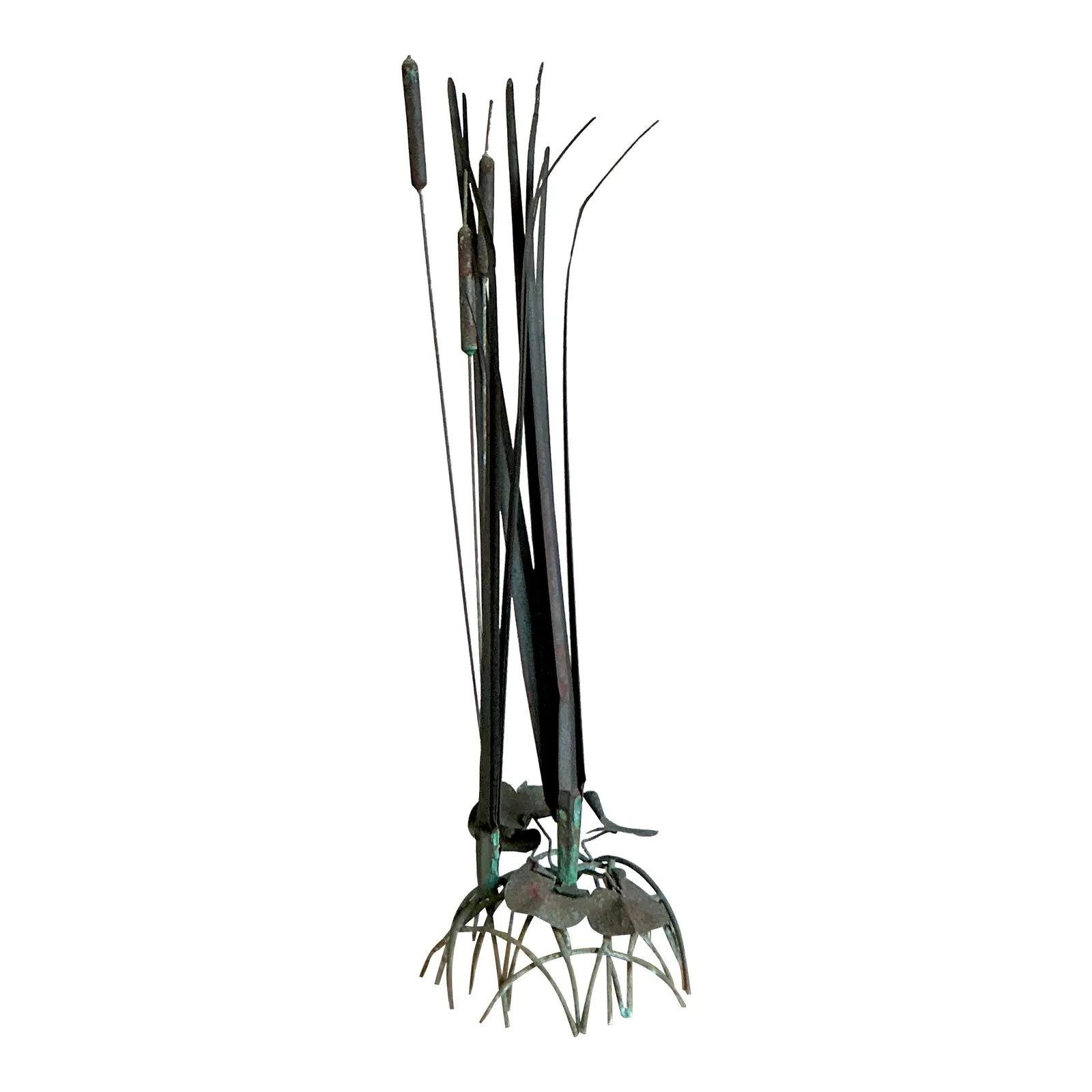Vintage Coastal Patinated Bronze Cattail Sculpture