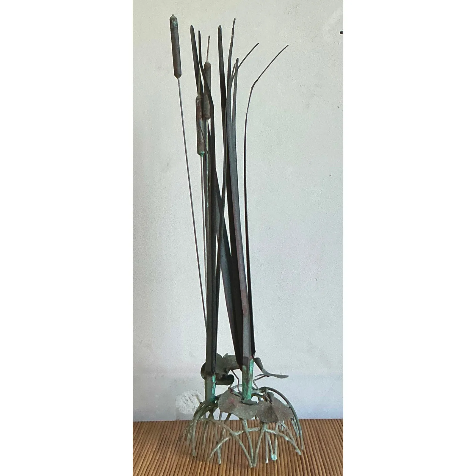 Vintage Coastal Patinated Bronze Cattail Sculpture — additional photo 2