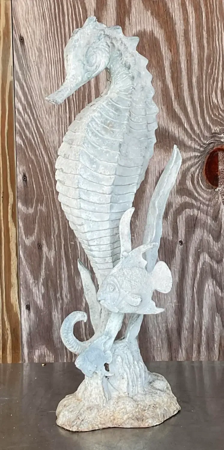 Vintage Coastal Patinated Metal Seahorse Garden Statue — additional photo 3