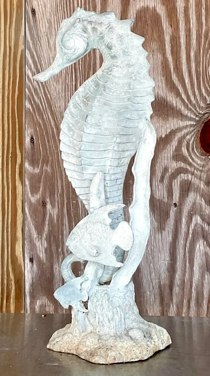 Vintage Coastal Patinated Metal Seahorse Garden Statue — additional photo 4
