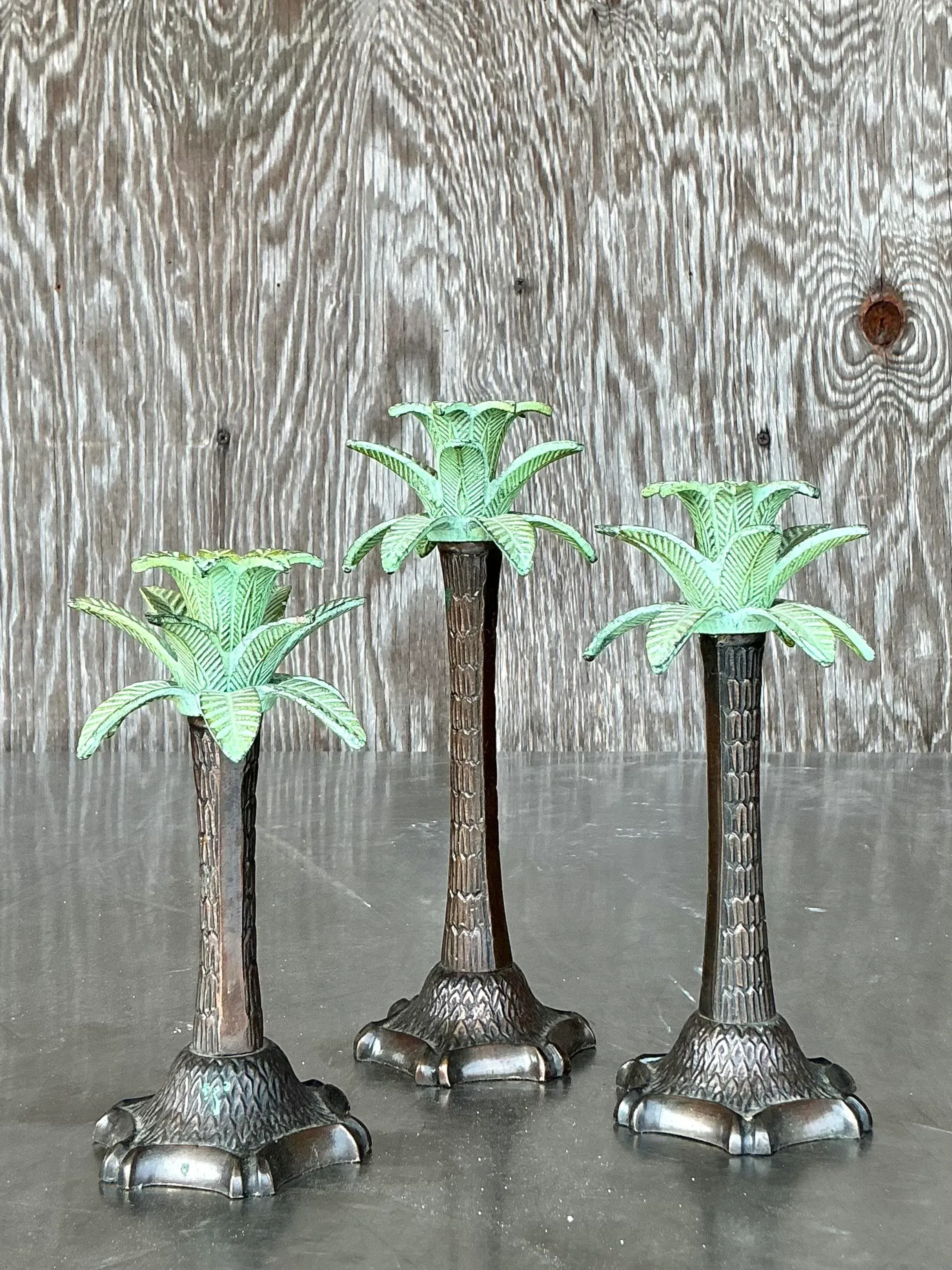 Vintage Coastal Patinated Palm Tree Candlesticks - Set of 3 — additional photo 1