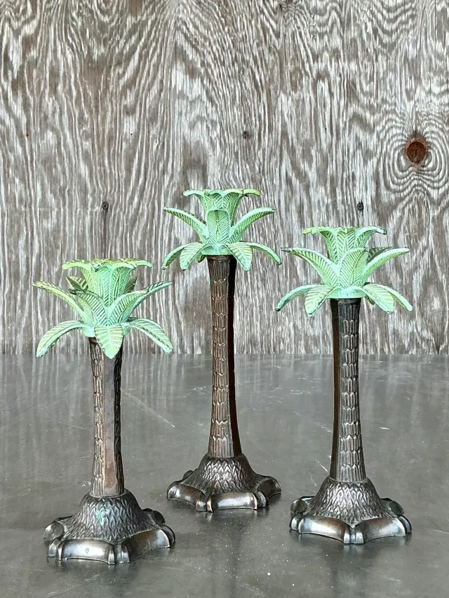 Vintage Coastal Patinated Palm Tree Candlesticks - Set of 3 — additional photo 1