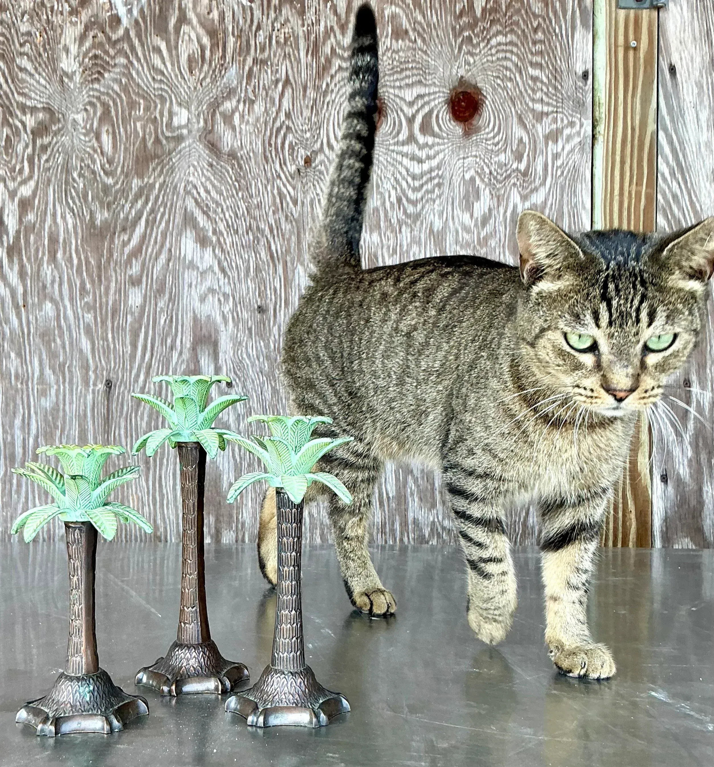 Vintage Coastal Patinated Palm Tree Candlesticks - Set of 3 — additional photo 3