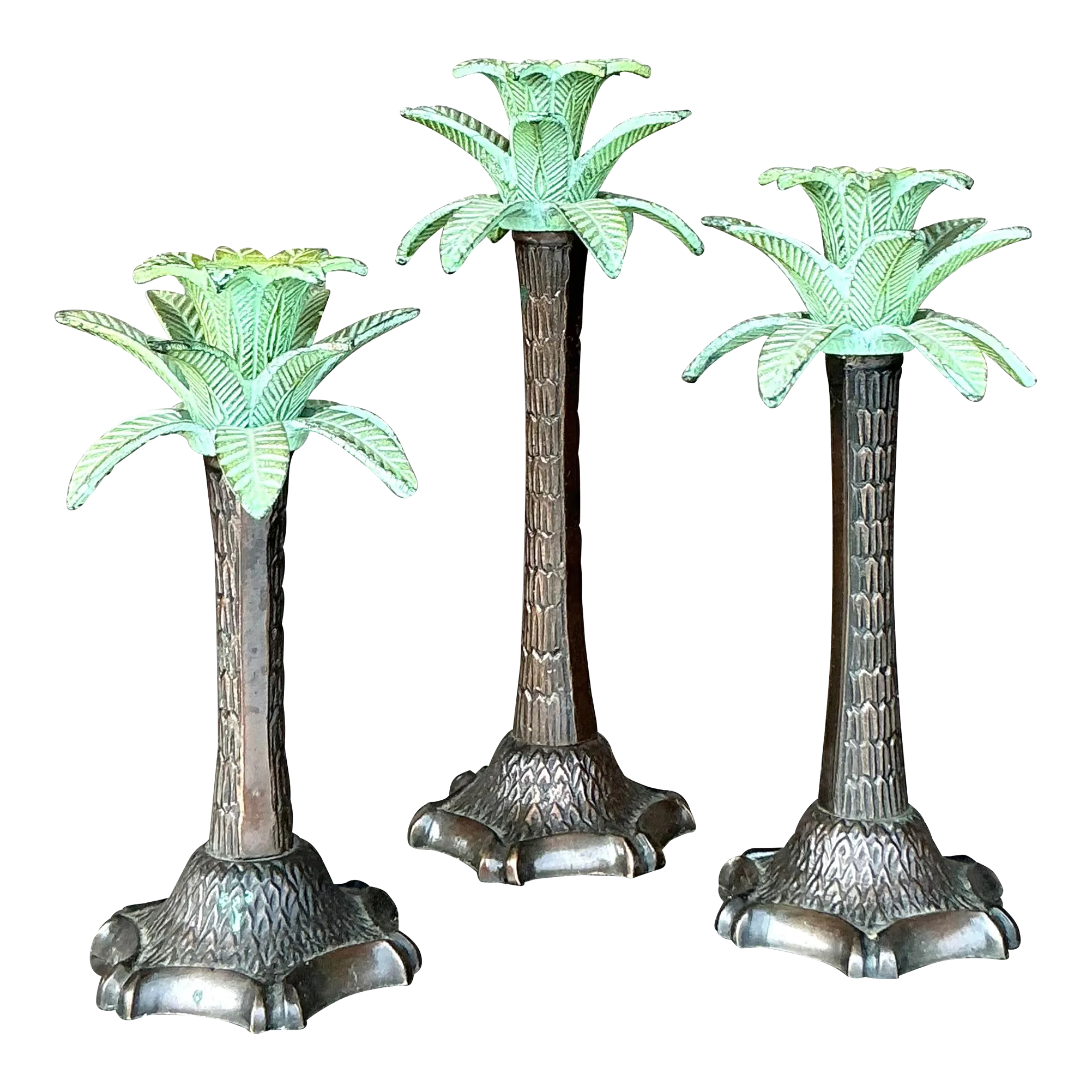 Vintage Coastal Patinated Palm Tree Candlesticks - Set of 3 — additional photo 4