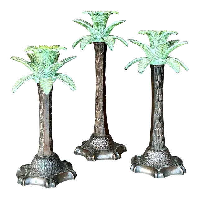 Vintage Coastal Patinated Palm Tree Candlesticks - Set of 3 — additional photo 4