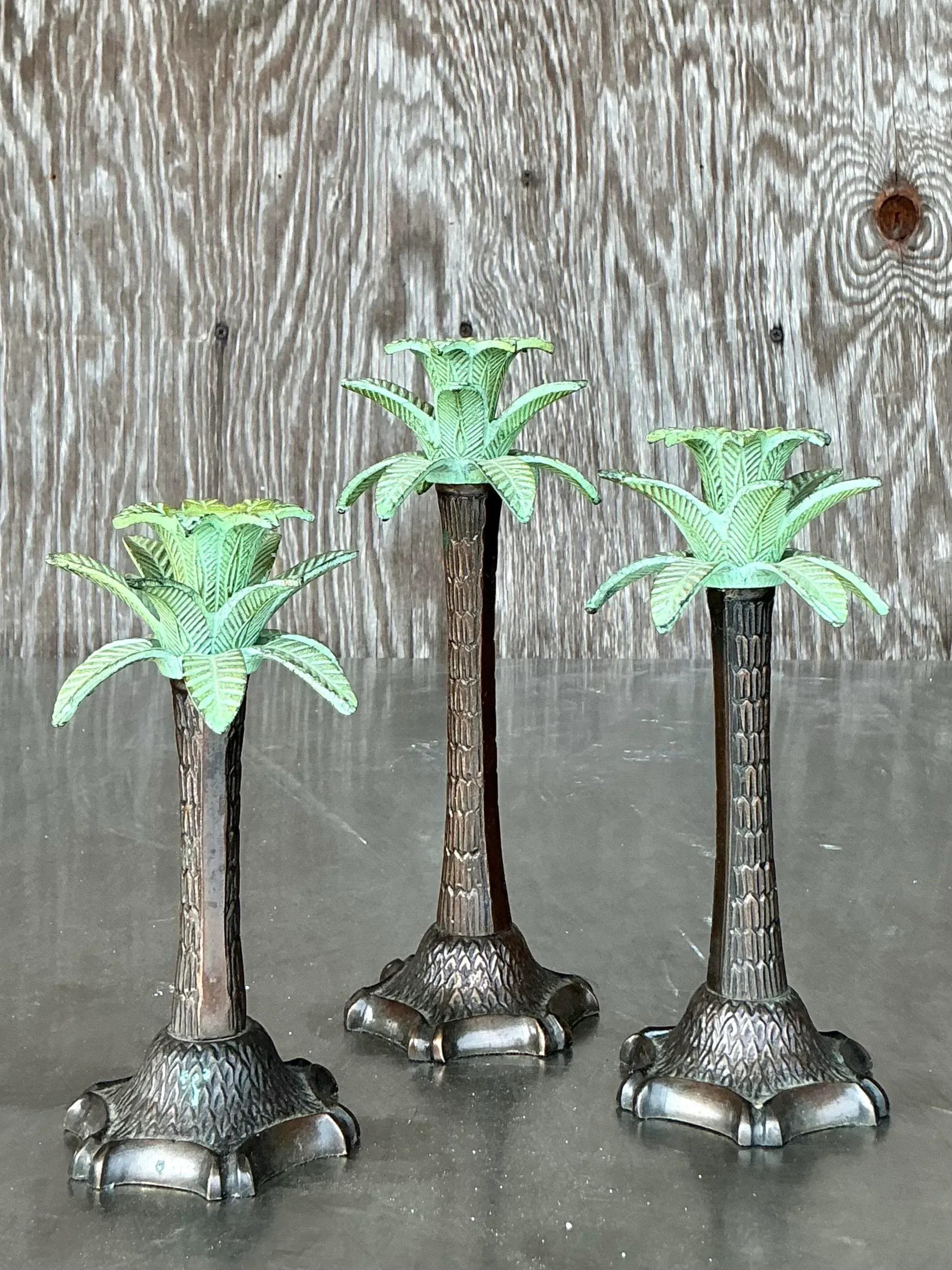 Vintage Coastal Patinated Palm Tree Candlesticks - Set of 3 — additional photo 5