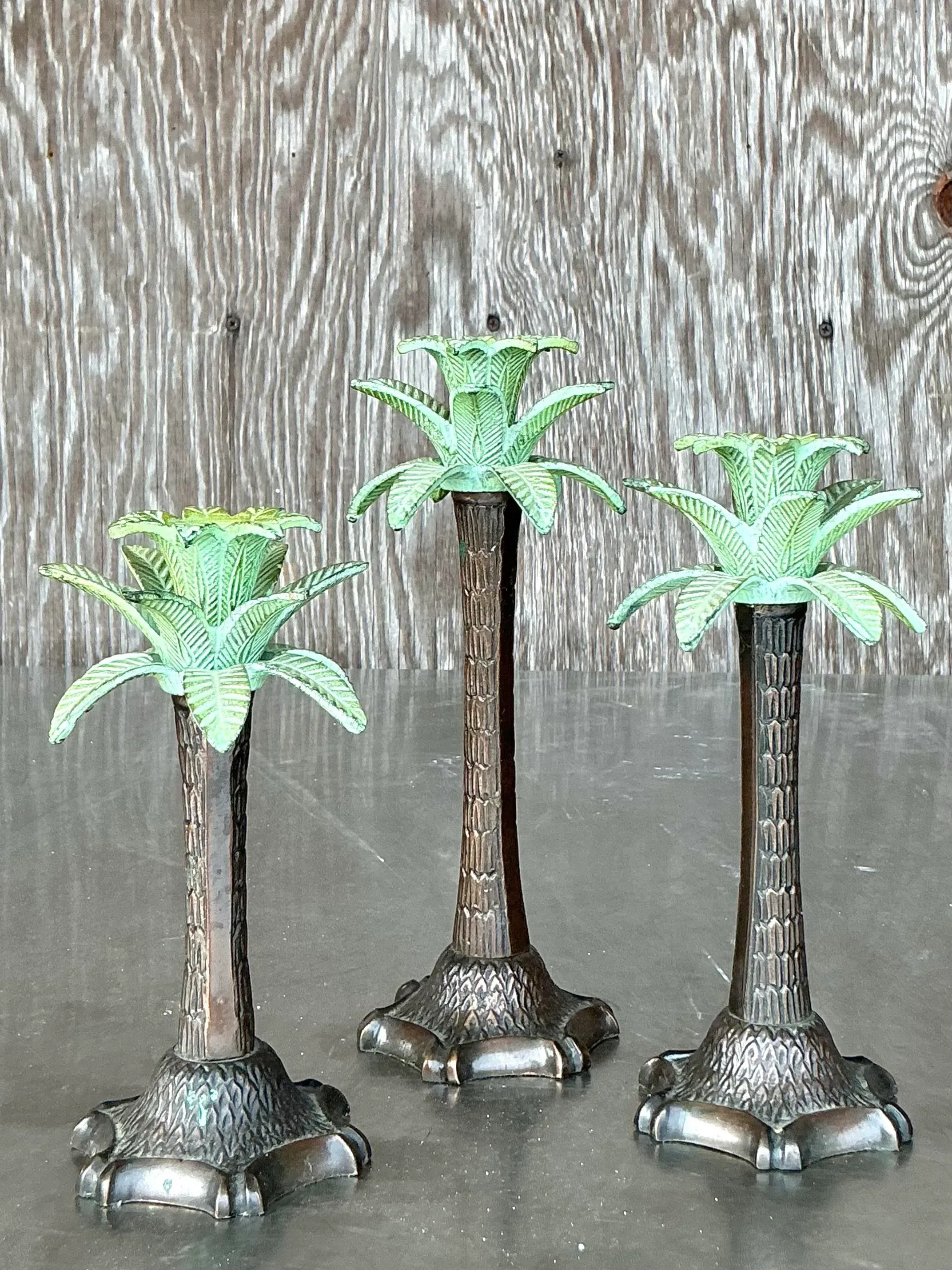 Vintage Coastal Patinated Palm Tree Candlesticks - Set of 3 — additional photo 6