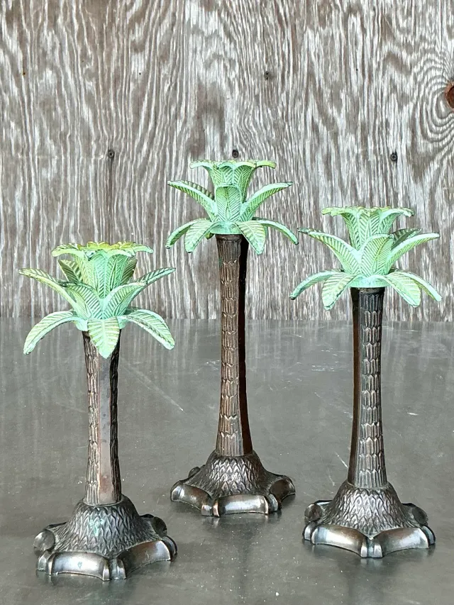 Vintage Coastal Patinated Palm Tree Candlesticks - Set of 3 — additional photo 6