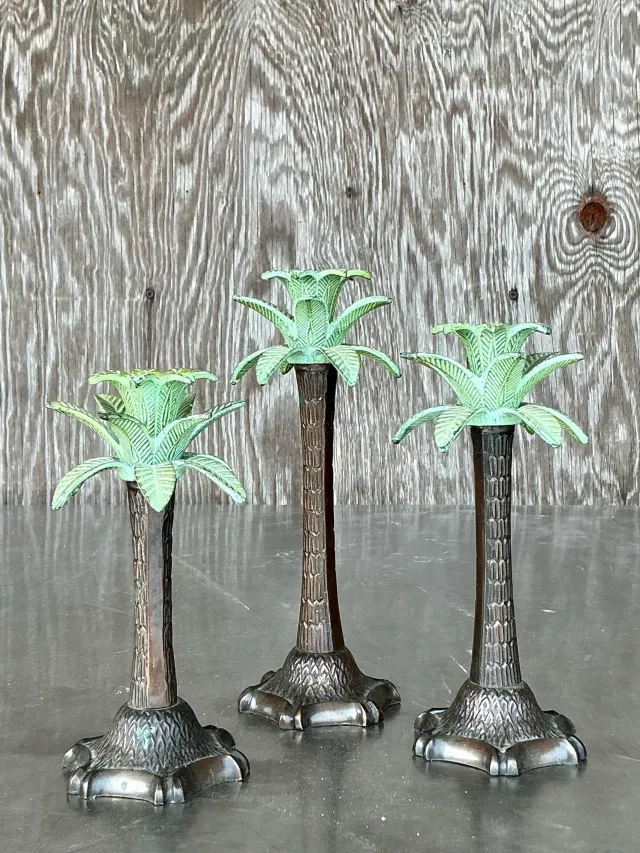 Vintage Coastal Patinated Palm Tree Candlesticks - Set of 3 — additional photo 7