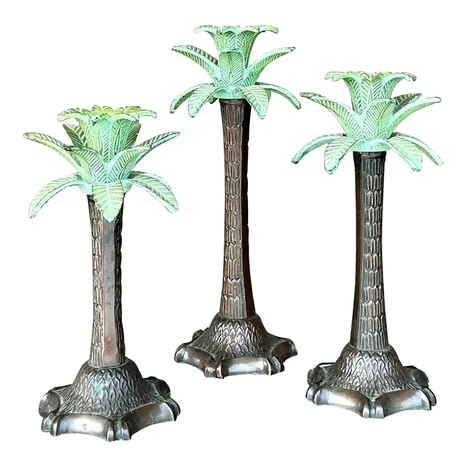 Vintage Coastal Patinated Palm Tree Candlesticks - Set of 3 — additional photo 8