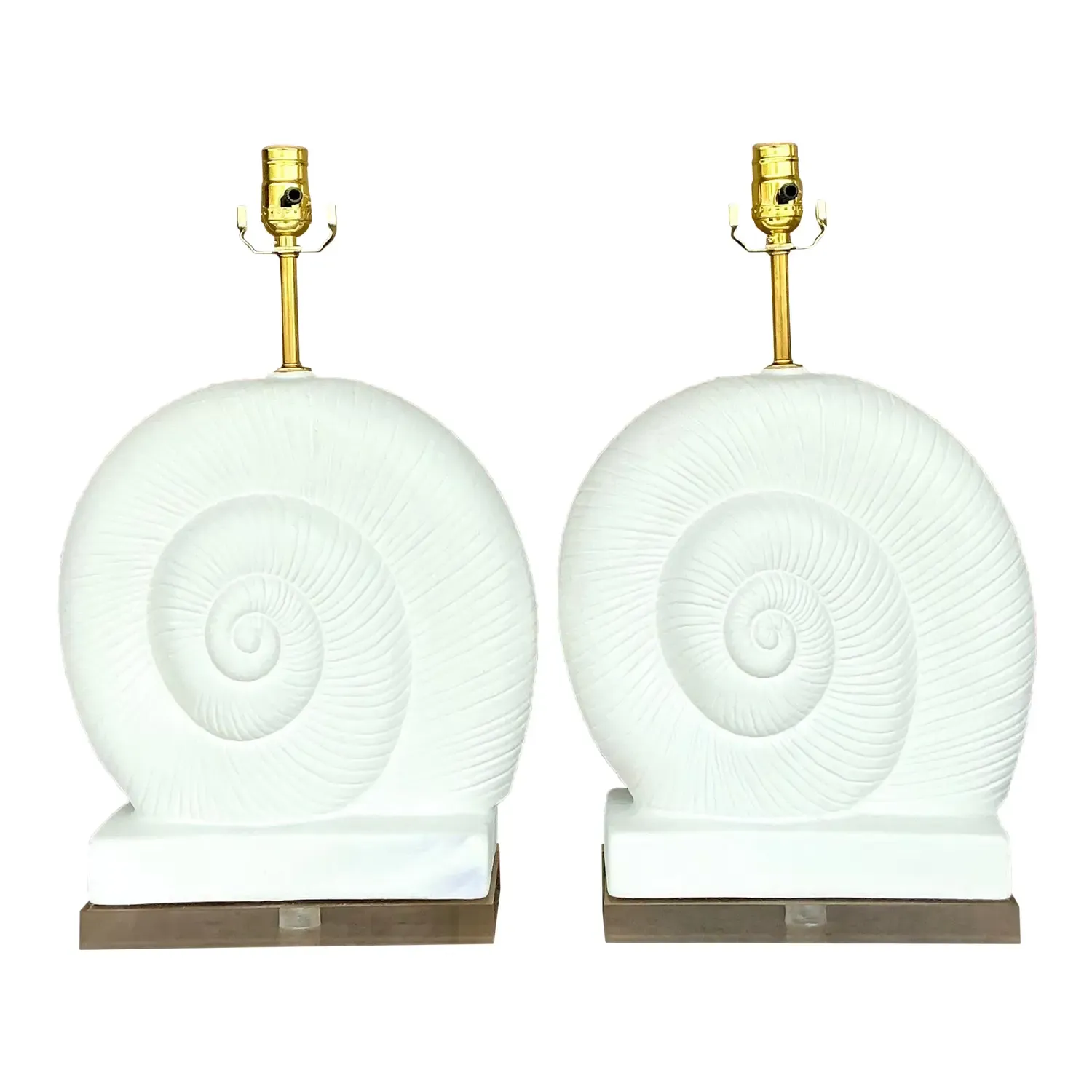 Vintage Coastal Plaster and Lucite Nautilus Shell Lamps - a Pair