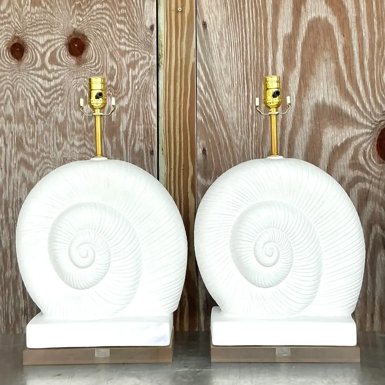 Vintage Coastal Plaster and Lucite Nautilus Shell Lamps - a Pair — additional photo 2