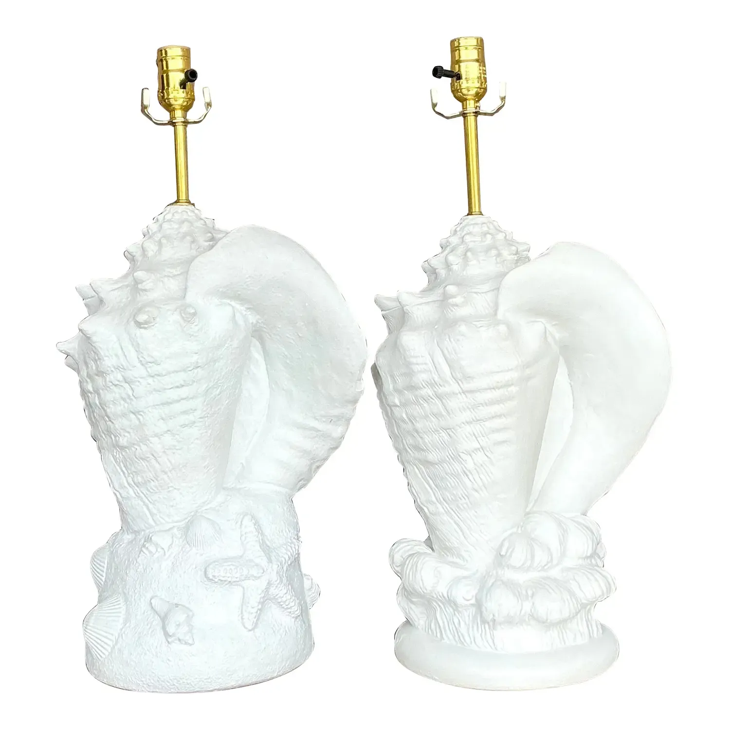 Vintage Coastal Plaster Conch Shell Lamps - Set of Two