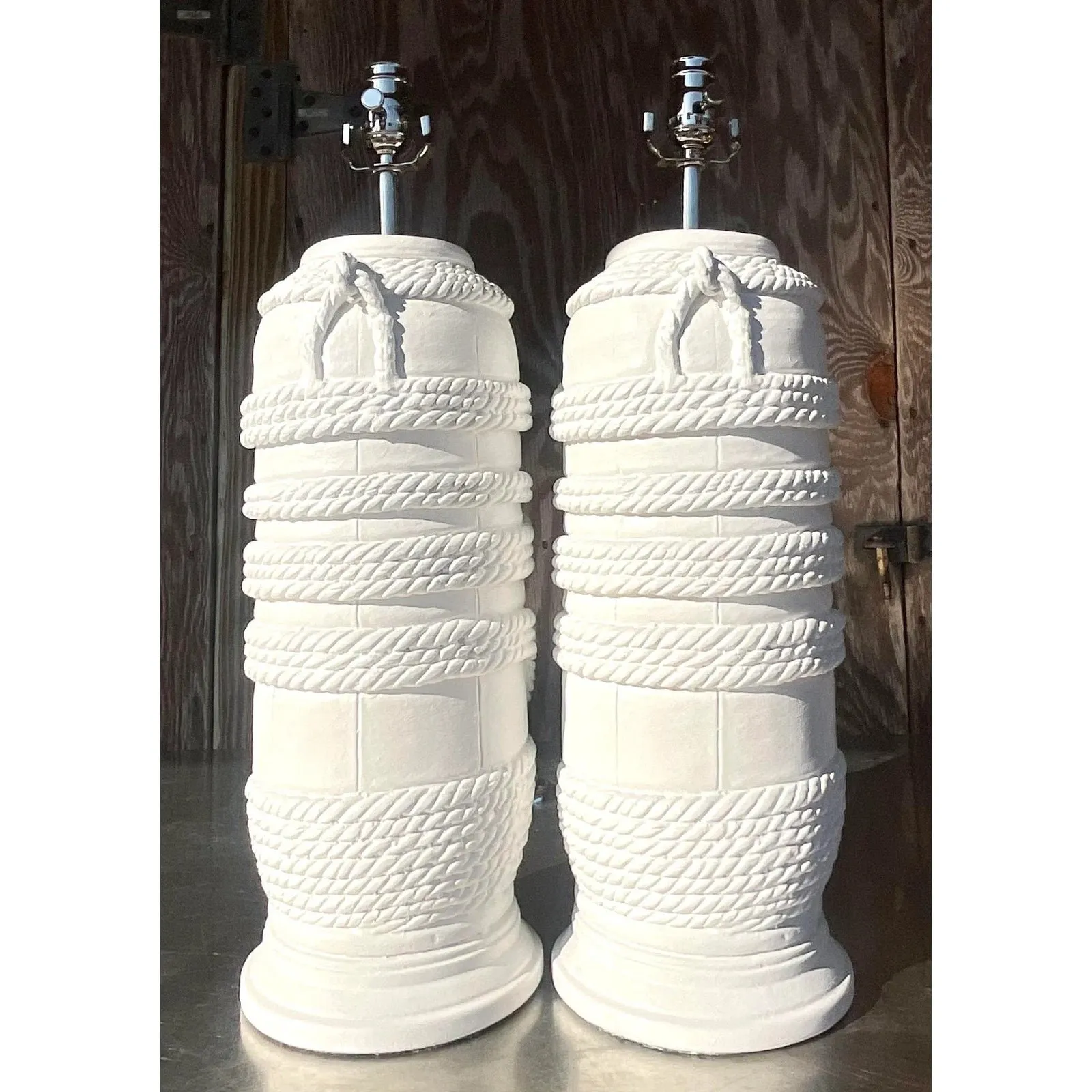 Vintage Coastal Plaster Wrapped Rope Table Lamps - a Pair — additional photo 1