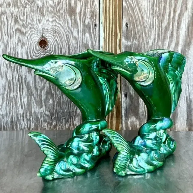 Vintage Coastal Royal Haeger Glazed Ceramic Marlin Vase - a Pair — additional photo 2