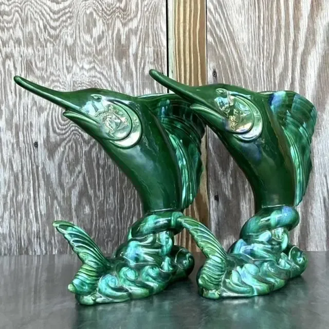 Vintage Coastal Royal Haeger Glazed Ceramic Marlin Vase - a Pair — additional photo 3