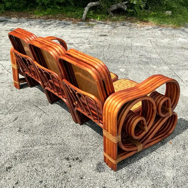 Vintage Coastal Scroll Rattan With Woven Rattan Seats 3 Piece Sofa — additional photo 2