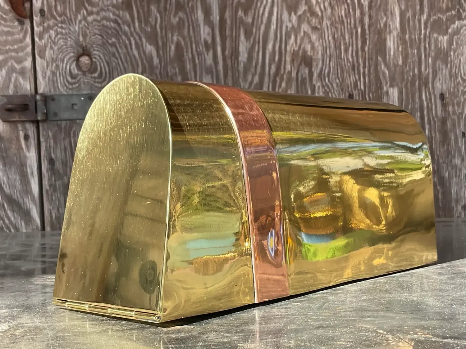 Vintage Coastal Tagged Spanish Sarreid Brass and Copper Mailbox — additional photo 5