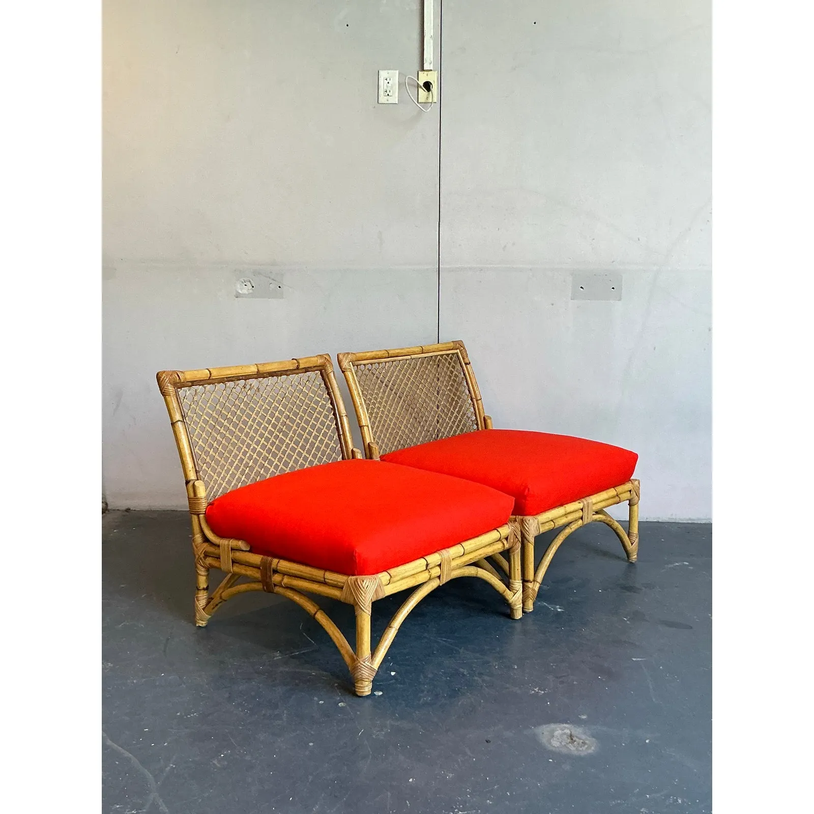 Vintage Coastal Trellis Rattan Slipper Chairs - A Pair — additional photo 1