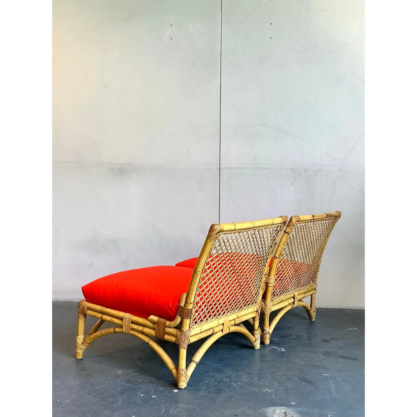 Vintage Coastal Trellis Rattan Slipper Chairs - A Pair — additional photo 2