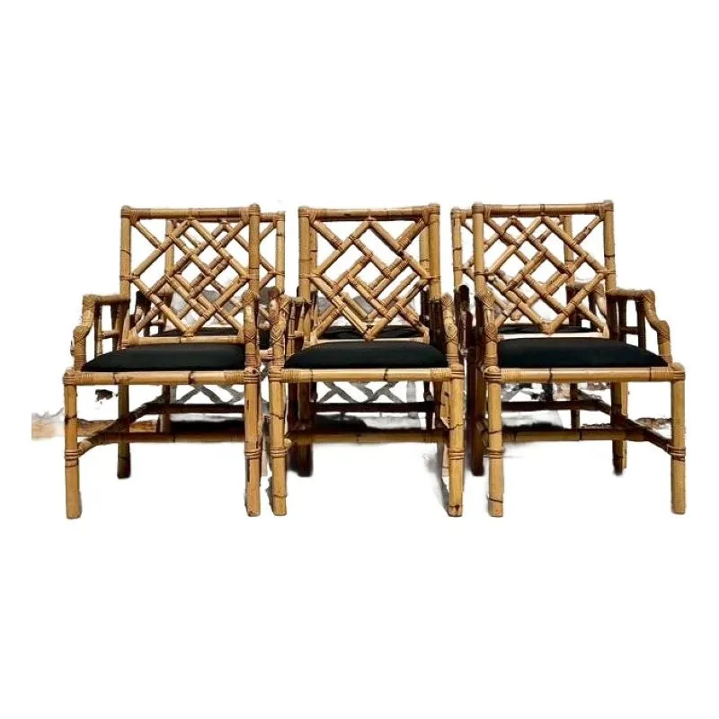 Vintage Coastal Vivai Del Sud Bamboo Fretwork Dining Chairs - Set of 6