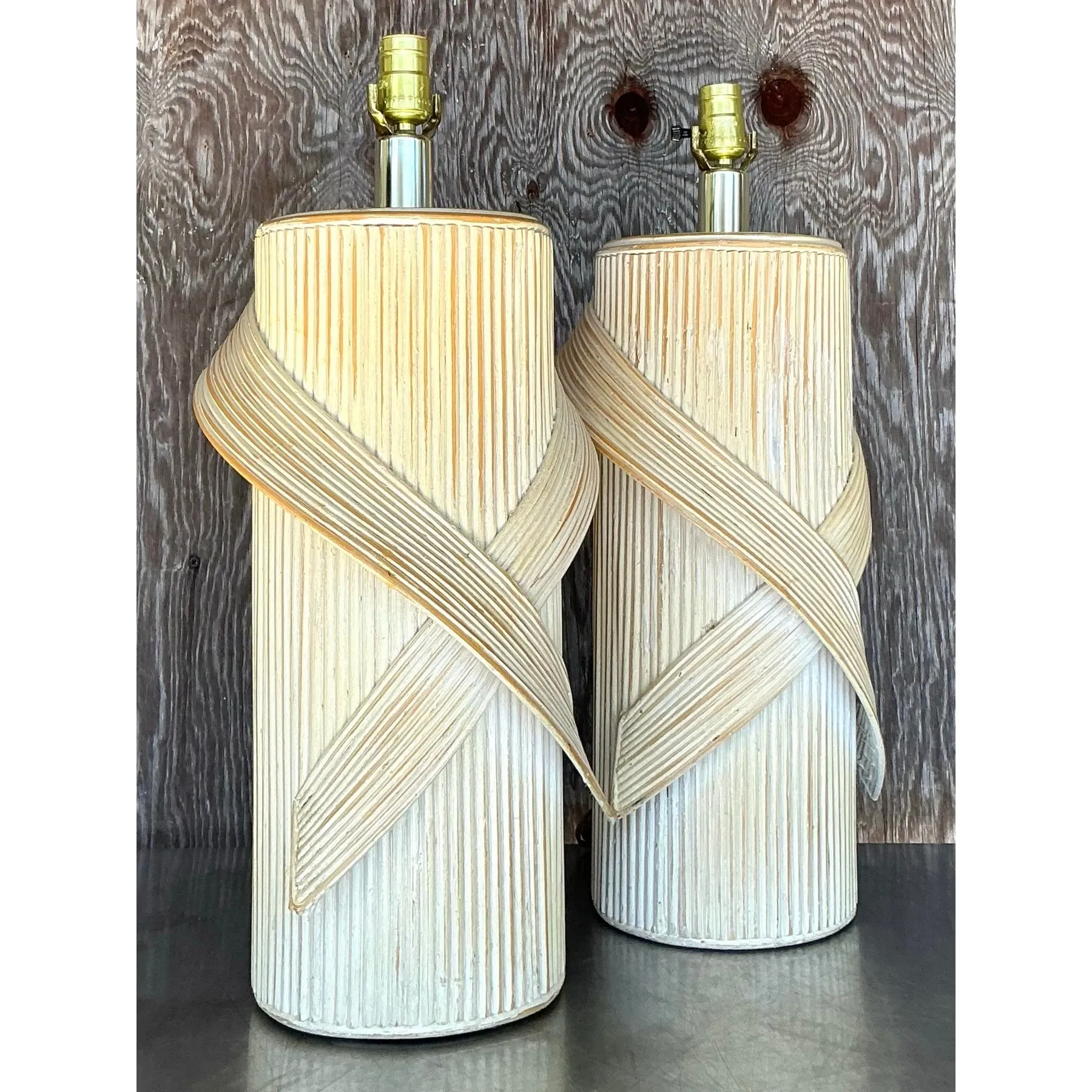 Vintage Coastal Washed Pencil Reed Lamps - a Pair — additional photo 1