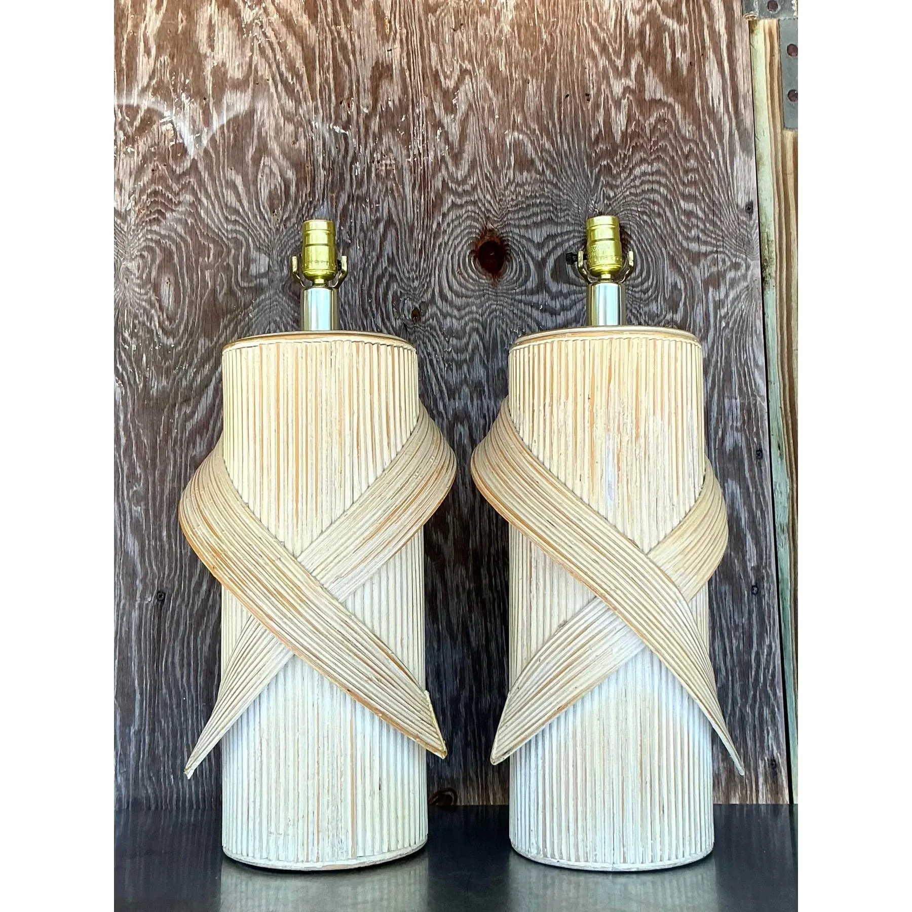 Vintage Coastal Washed Pencil Reed Lamps - a Pair — additional photo 4