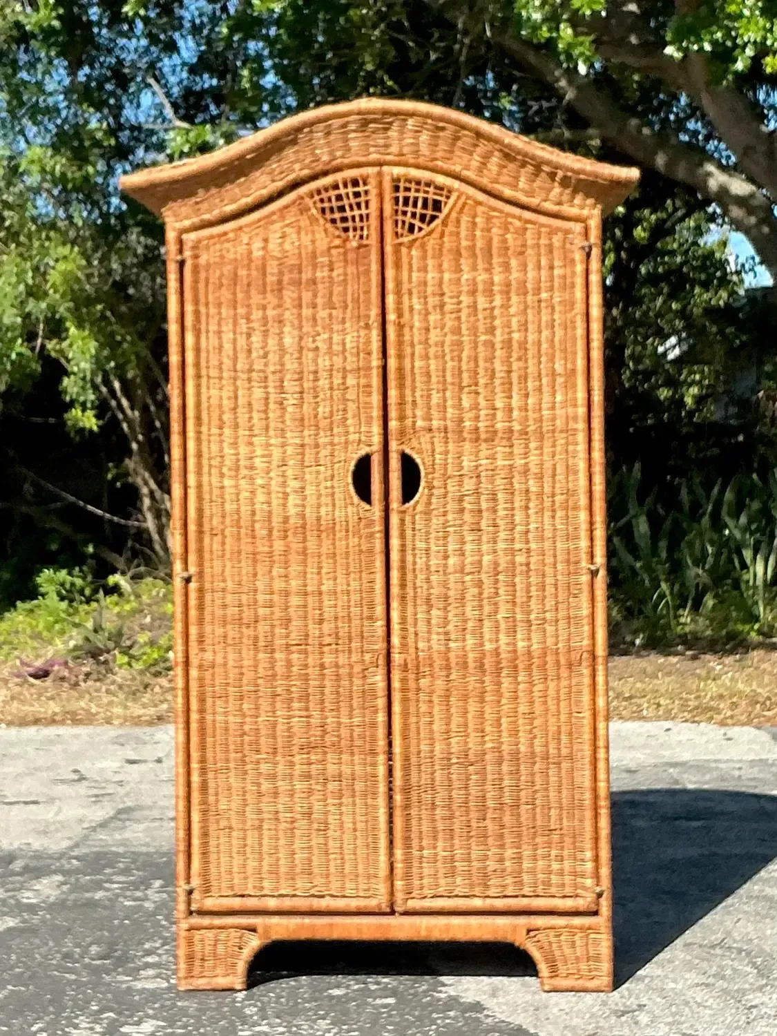 Vintage Coastal Woven Rattan Arched Armoire — additional photo 1