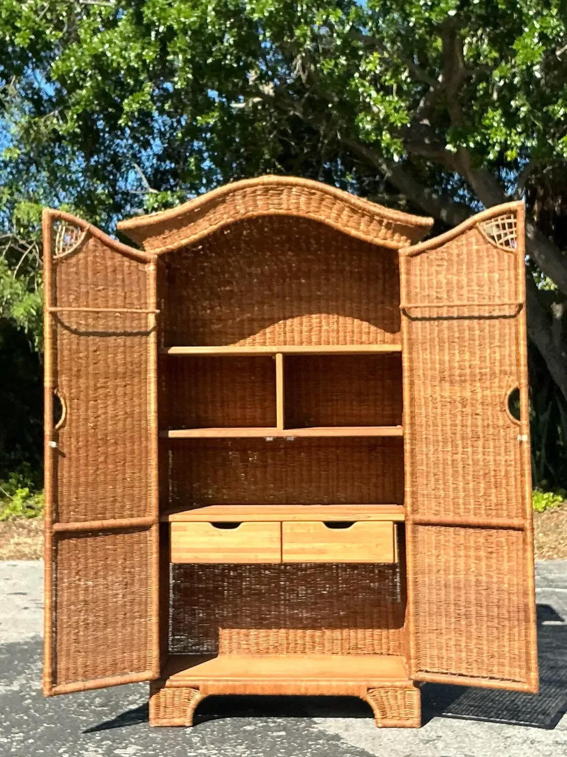 Vintage Coastal Woven Rattan Arched Armoire — additional photo 2