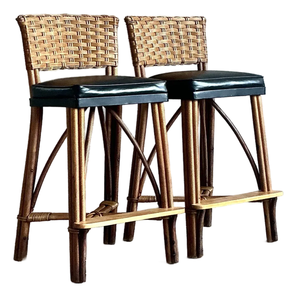 Vintage Coastal Woven Rattan Bar Stools - A Pair — additional photo 2