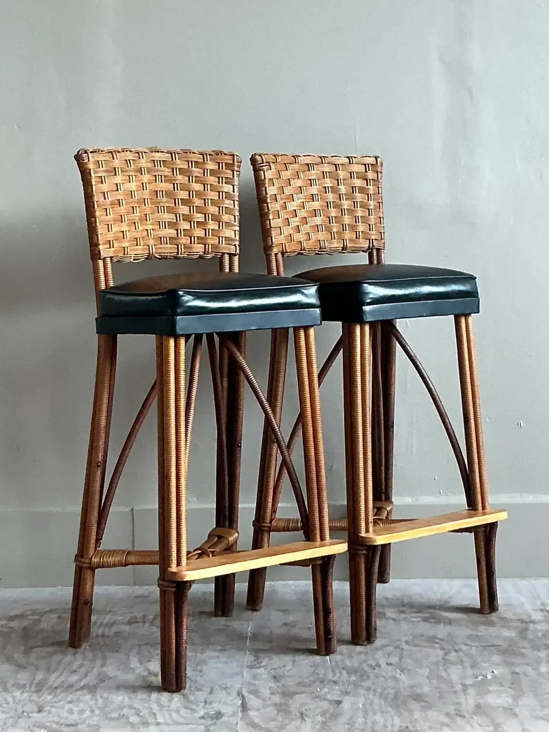 Vintage Coastal Woven Rattan Bar Stools - A Pair — additional photo 3