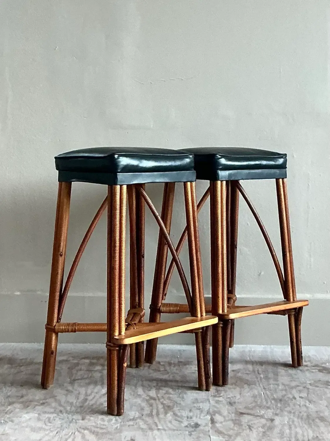 Vintage Coastal Woven Rattan Bar Stools - A Pair — additional photo 5
