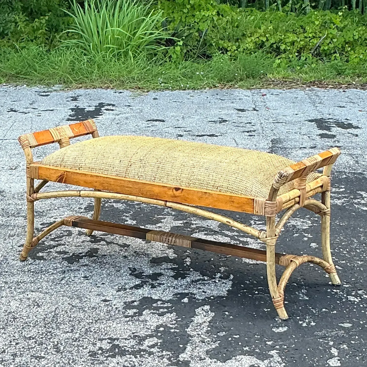 Vintage Coastal Woven Rattan Bench — additional photo 4