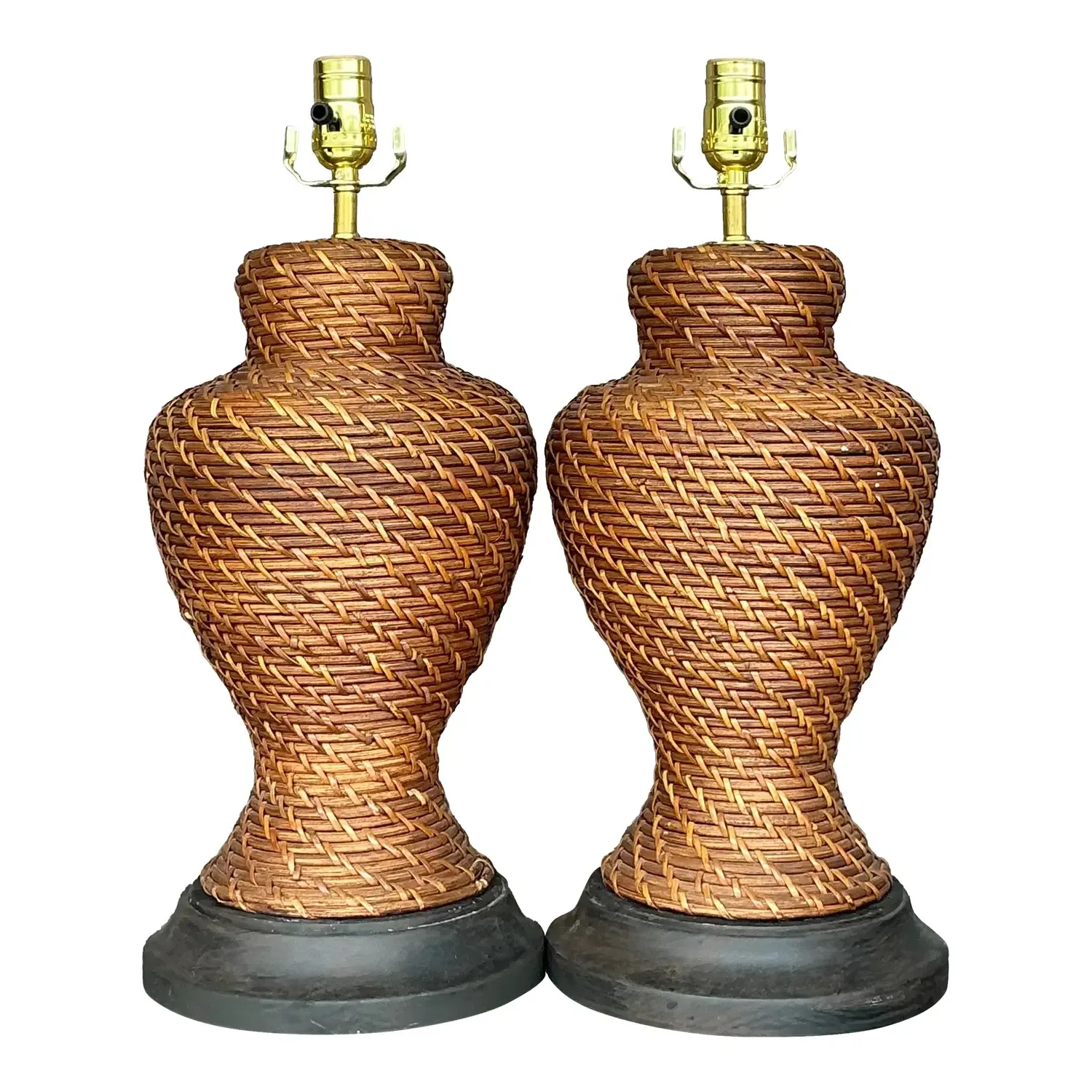 Vintage Coastal Woven Rattan Lamps - a Pair