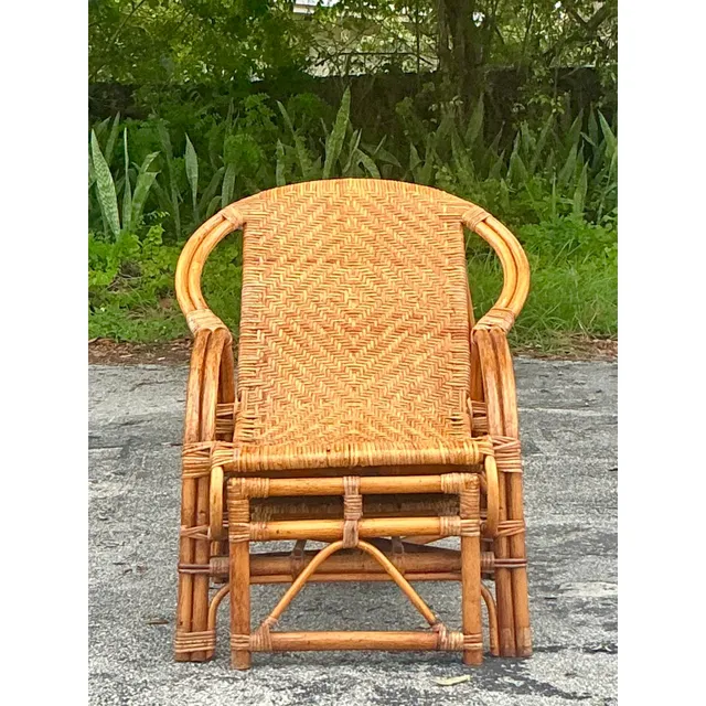 Vintage Coastal Woven Rattan Lounge Chair With Extending Foot Rest — additional photo 4