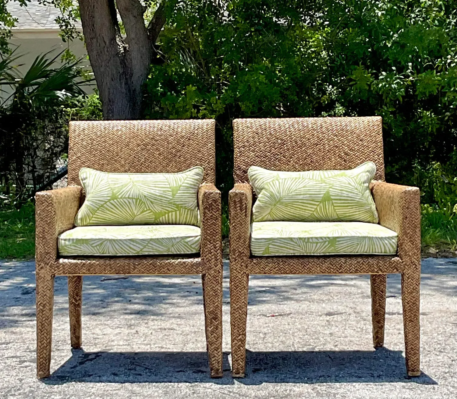 Vintage Coastal Woven Rattan Lounge Chairs - a Pair