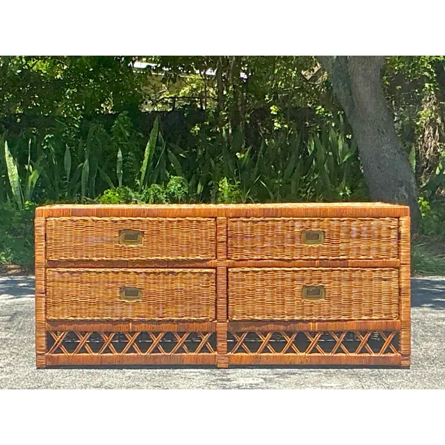 Vintage Coastal Woven Rattan Low Dresser — additional photo 1