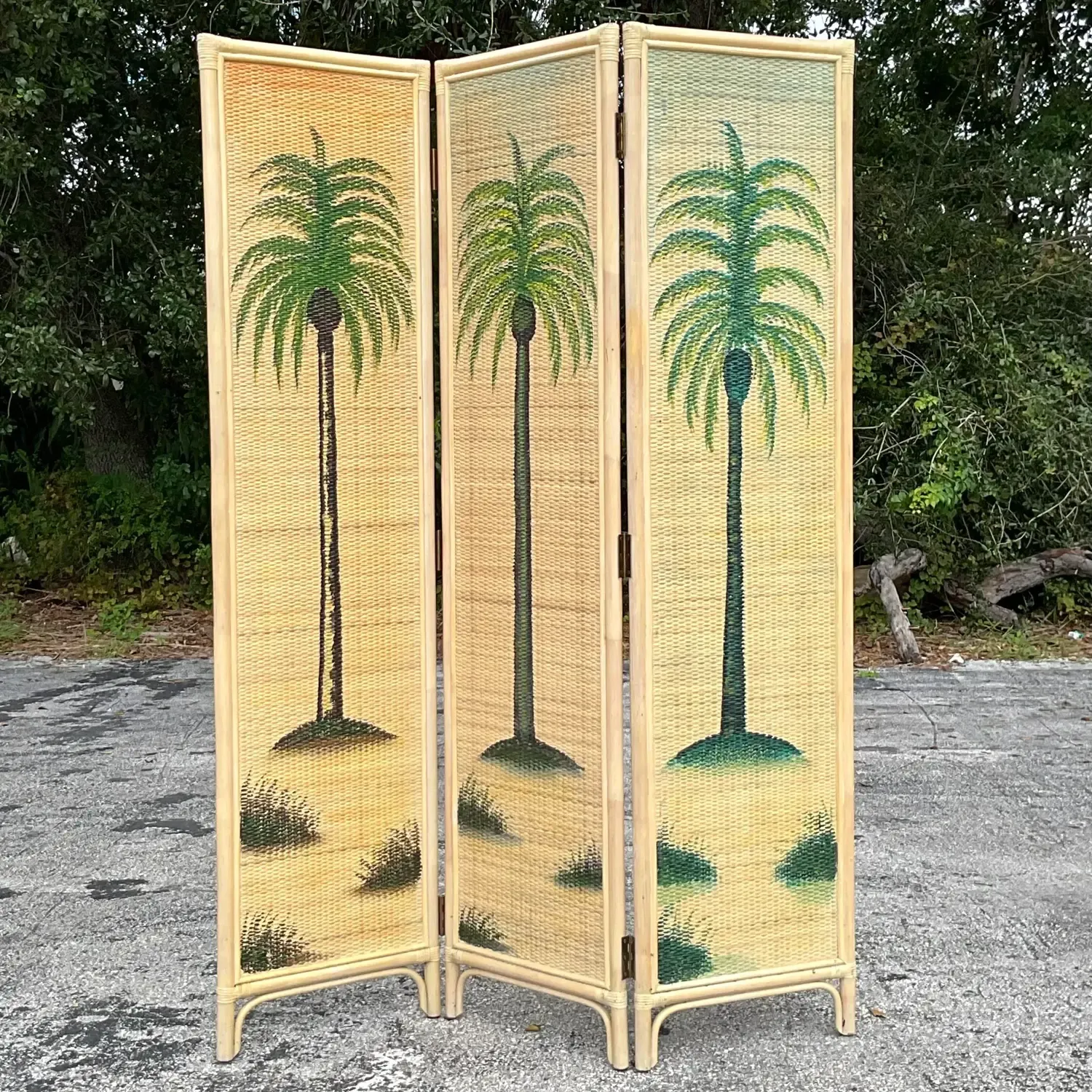 Vintage Coastal Woven Rattan Palm Tree Screen — additional photo 2