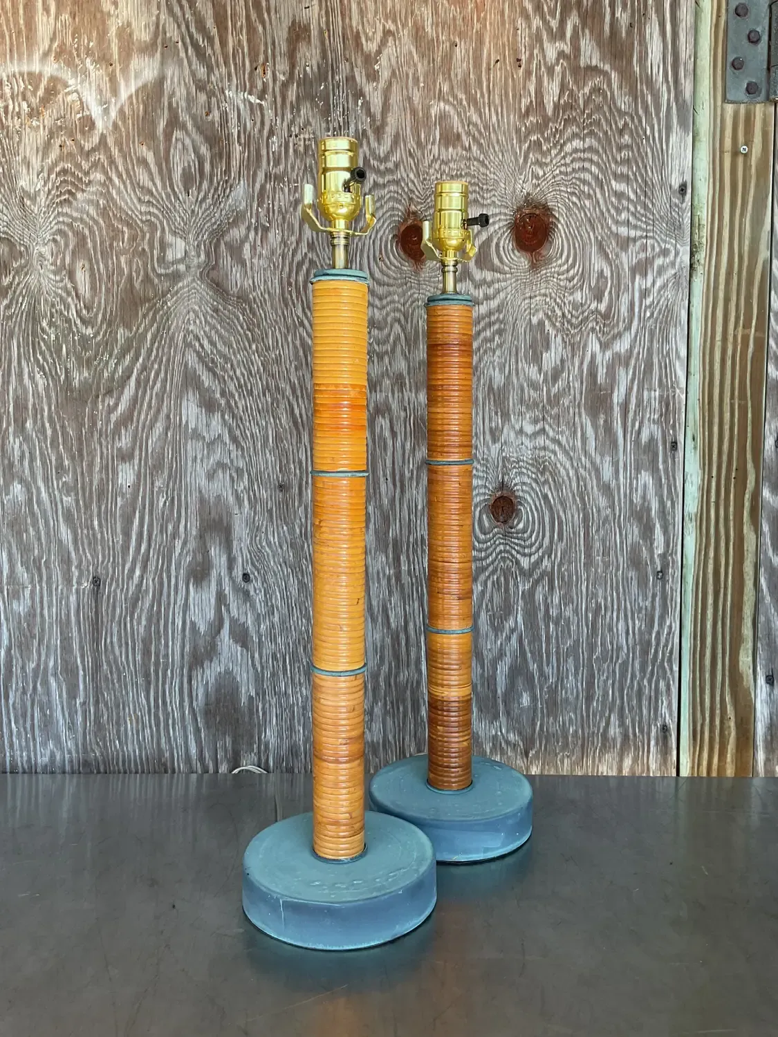 Vintage Coastal Wrapped Pencil Reed Column Lamps - a Pair — additional photo 2