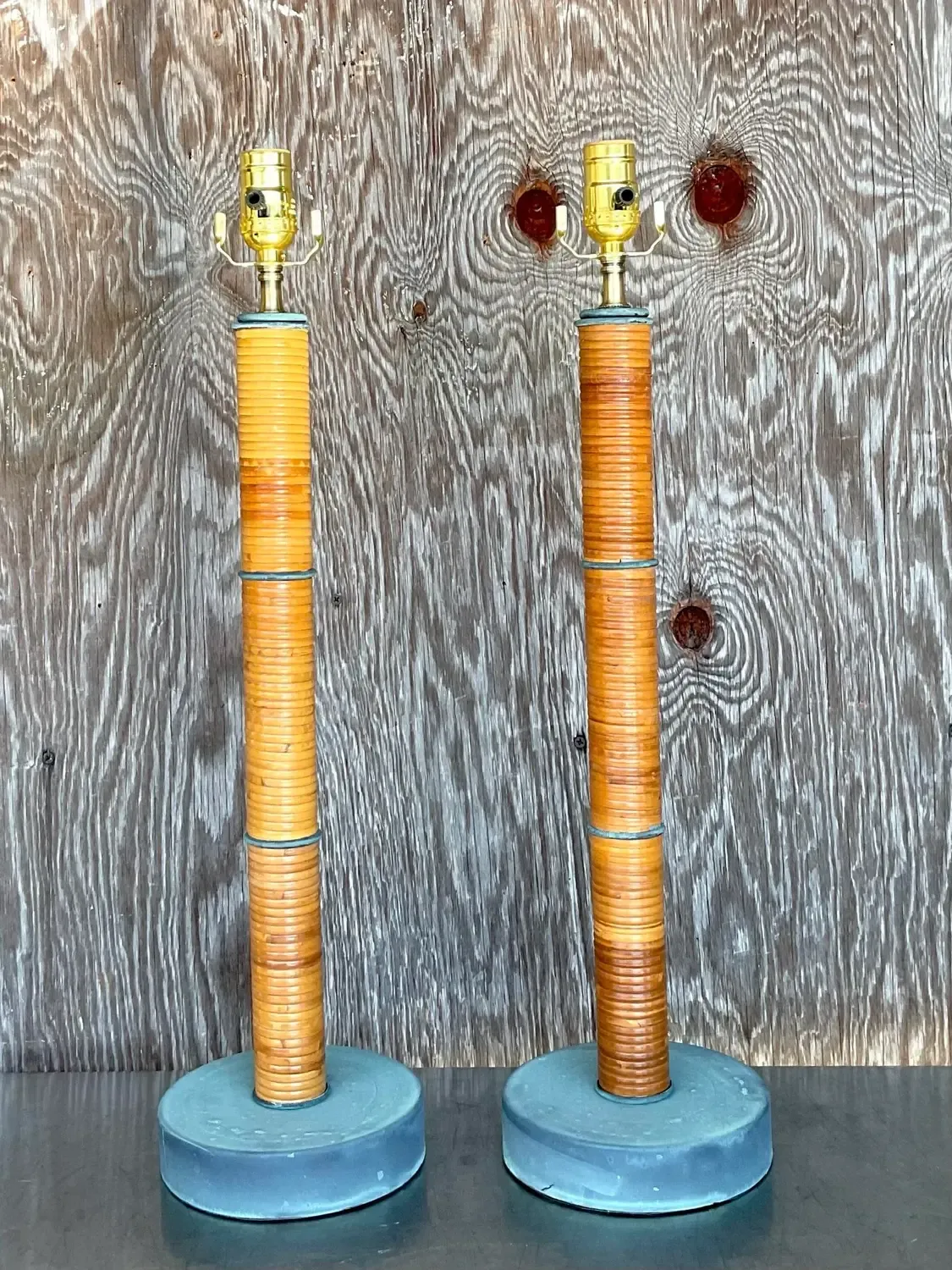 Vintage Coastal Wrapped Pencil Reed Column Lamps - a Pair — additional photo 1