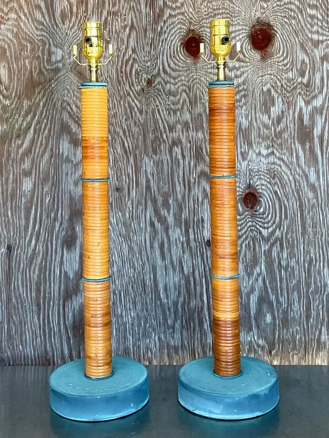 Vintage Coastal Wrapped Pencil Reed Column Lamps - a Pair — additional photo 3